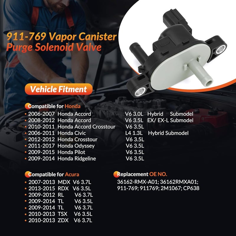 Mirthcos 36162-RMX-A01 911-769 Vapor Canister Purge Valve Solenoid EVAP Compatible with Honda Odyssey 2011-2017, Pilot 2009-2015, Accord 2006-2012, Civic & Acura MDX TL RDX TSX - Image 3